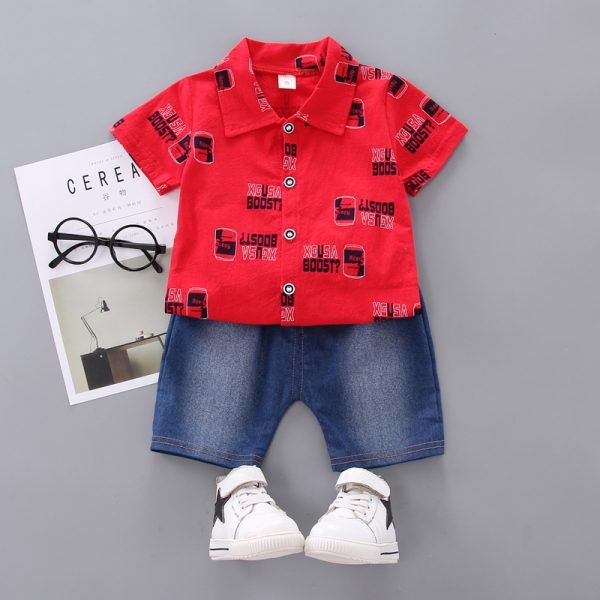 Shellkids| Cotton linen shirt denim shorts set, Red, Kids