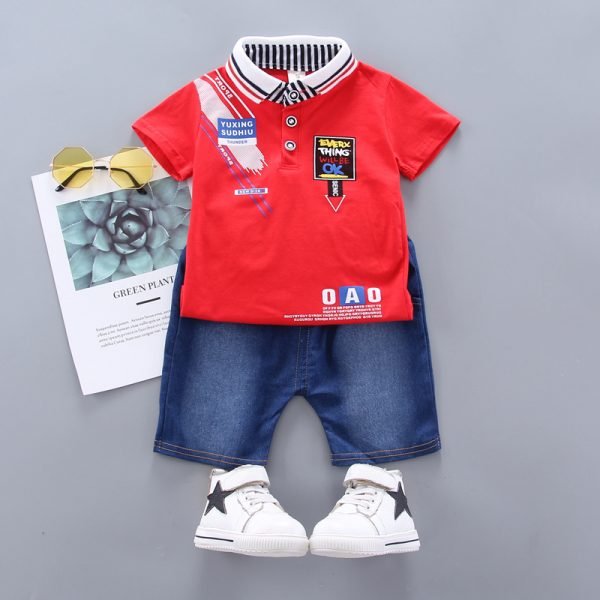 Shellkids| Little Boy Polo shirt with denim shorts, Red, Kids