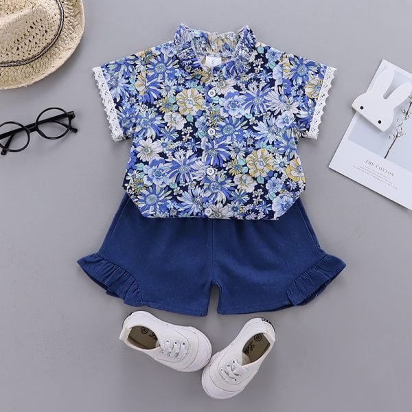 Shellkids| Girl Floral Printing Clothing Set, Blue, Kids