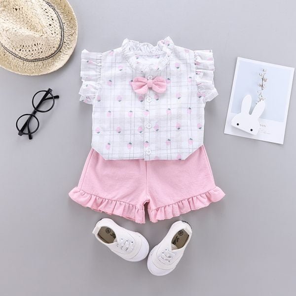 Shellkids| Girl full printing strawberry Plaid clothes set, Pink, Kids