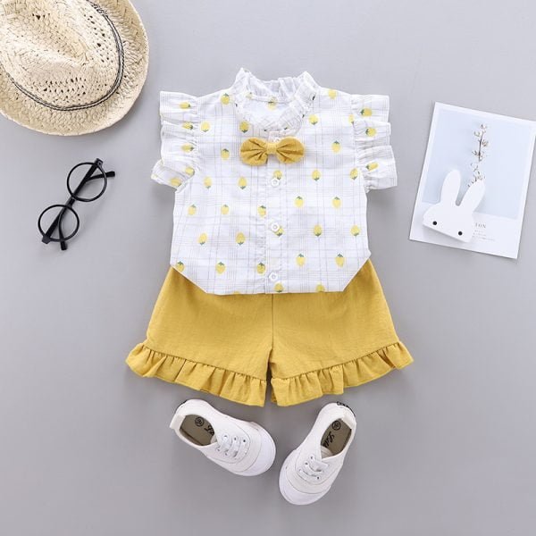 Shellkids| Girl full printing strawberry Plaid clothes set, Yellow, Kids