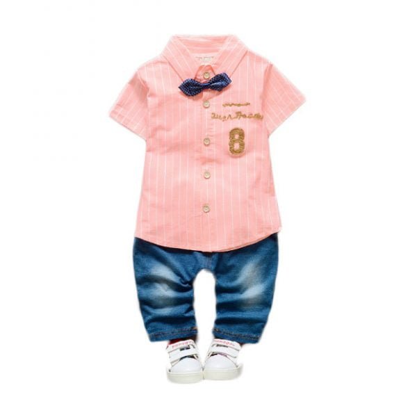 Liuliukd| Boy Gentleman Stripe Denim Set, Pink, Kids