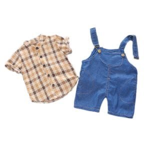 Liuliukd| Boy Plaid Shirt With Overall, Blue, Kids