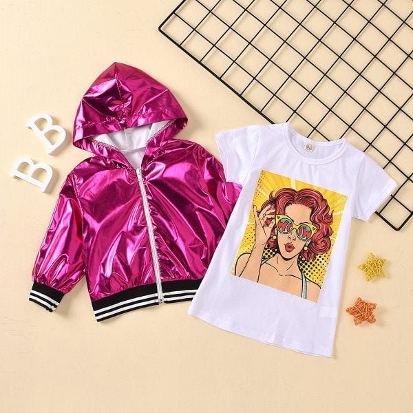 Liuliukd| Laser Cool Hip-Hop Style Girl Outfit with white T-shirt, Front Side