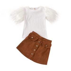Liuliukd| White Shirt with Feather Sleeve + Corduroy Double Pocket Single-breasted A Skirt, White, Kids