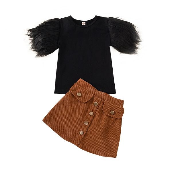 Liuliukd| White Shirt with Feather Sleeve + Corduroy Double Pocket Single-breasted A Skirt, Black, Kids