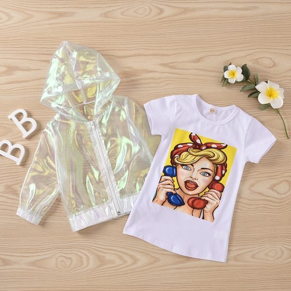 Liuliukd| Laser Cool Girl Outfit with white Long Style T-shirt, white, Kids