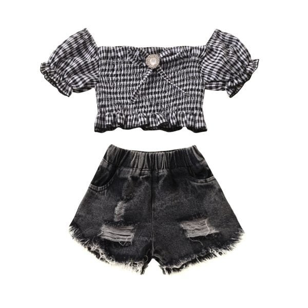 Liuliukd| Girl Plaid Puff Sleeve Top + Black Denim Short, Black, Kids