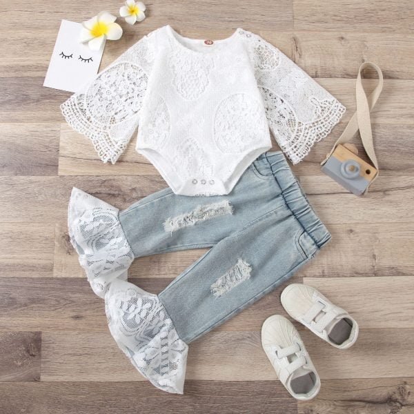 Liuliukd| White Lace Fairy half Sleeve Top + Ripped Jeans, White, Kids
