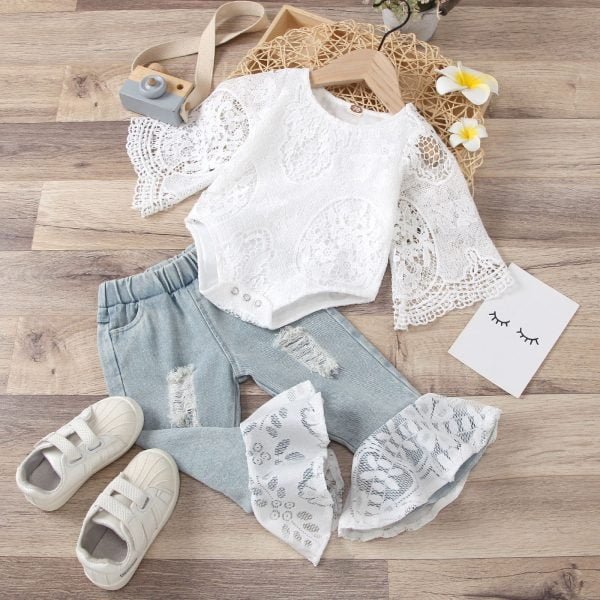Liuliukd| White Lace Fairy half Sleeve Top + Ripped Jeans, White, Kids