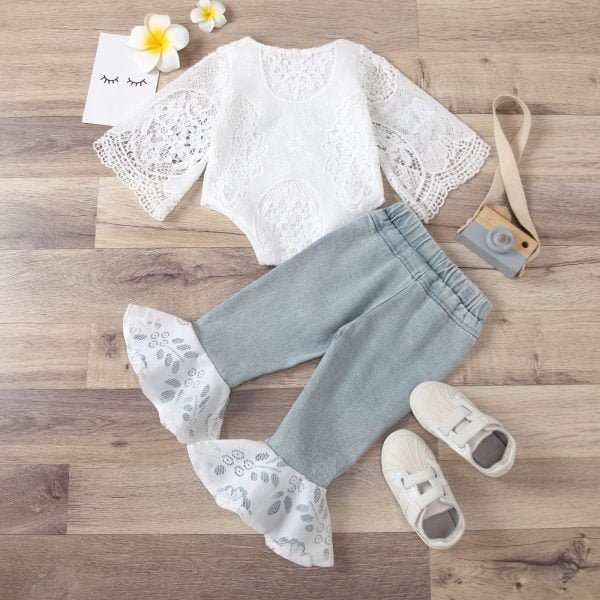Liuliukd| White Lace Fairy half Sleeve Top + Ripped Jeans, Back Side