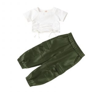 Liuliukd| Girl Adjustable White Top + Army Green Cargo Pants, White, Kids