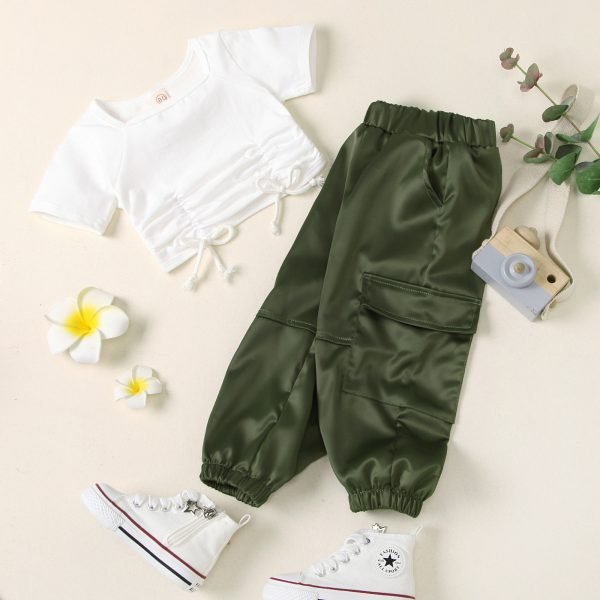 Liuliukd| Girl Adjustable White Top + Army Green Cargo Pants, White, Kids
