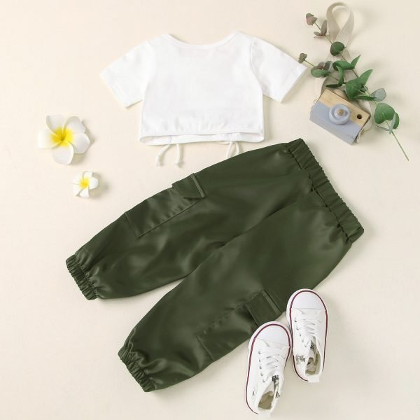 Liuliukd| Girl Adjustable White Top + Army Green Cargo Pants, Back Side