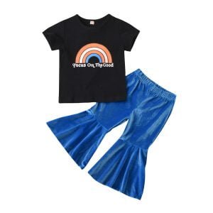 Liuliukd| Girl Rainbow T-shirt + Pleuche Pants, Black, Kids
