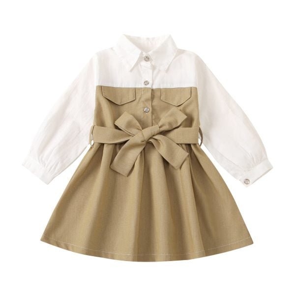 Liuliukd| Spring Shirt A-Line Dress with Belt, White, Kids