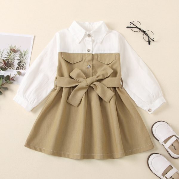 Liuliukd| Spring Shirt A-Line Dress with Belt, White, Kids