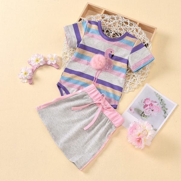 Liuliukd| Striped Flamingo Short Sleeve Romper + Skirt, Grey, Baby