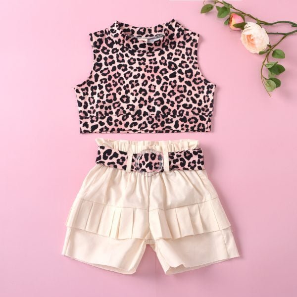 Liuliukd| Leopard Pattern top + Belt Shorts, White, Kids