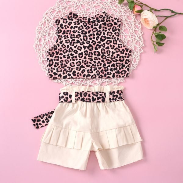 Liuliukd| Leopard Pattern top + Belt Shorts, White, Kids