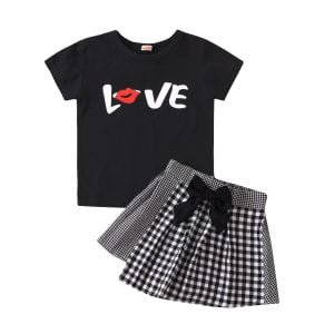 Liuliukd| Summer LOVE Shirt + Black Plaid Skirt, Black, Kids