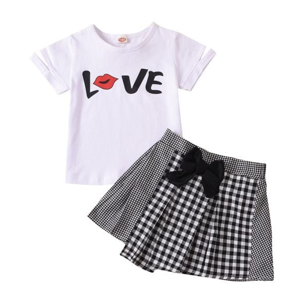 Liuliukd| Summer LOVE Shirt + Black Plaid Skirt, White, Kids