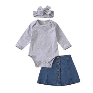 Liuliukd| Solid Long Sleeve Romper + Denim Skirt, Grey, Baby