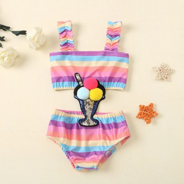Liuliukd| Girl Striped Rainbow Color Ice-cream Decorative Swimwear, Rainbow color, Kids