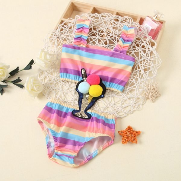 Liuliukd| Girl Striped Rainbow Color Ice-cream Decorative Swimwear, Rainbow color, Kids