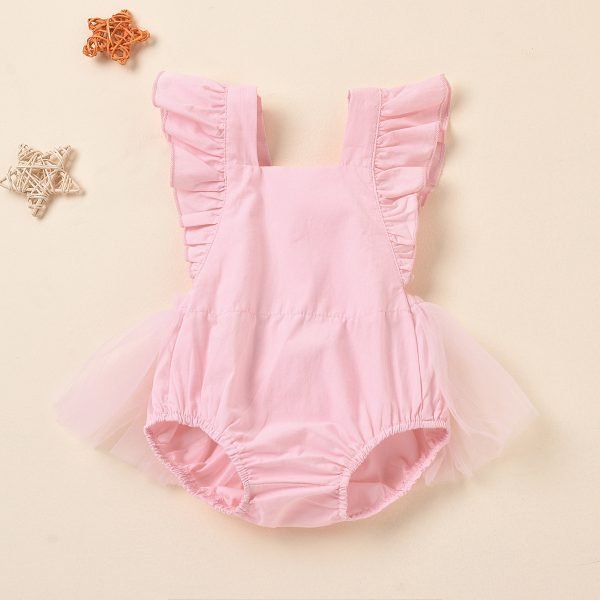 Liuliukd| Solid Fly Sleeve Romper with Yarn Around, Pink, Baby