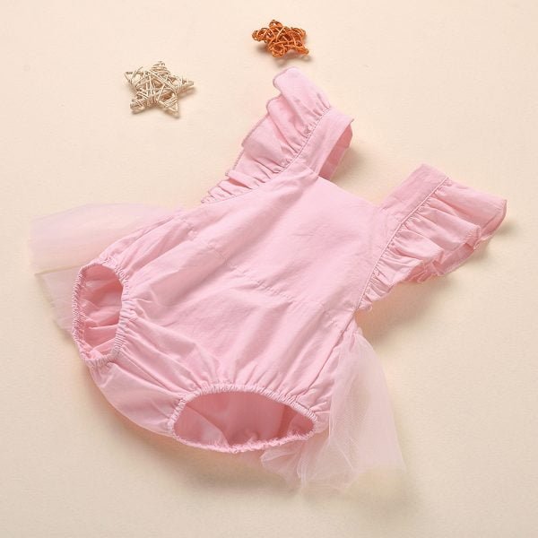 Liuliukd| Solid Fly Sleeve Romper with Yarn Around, Pink, Baby