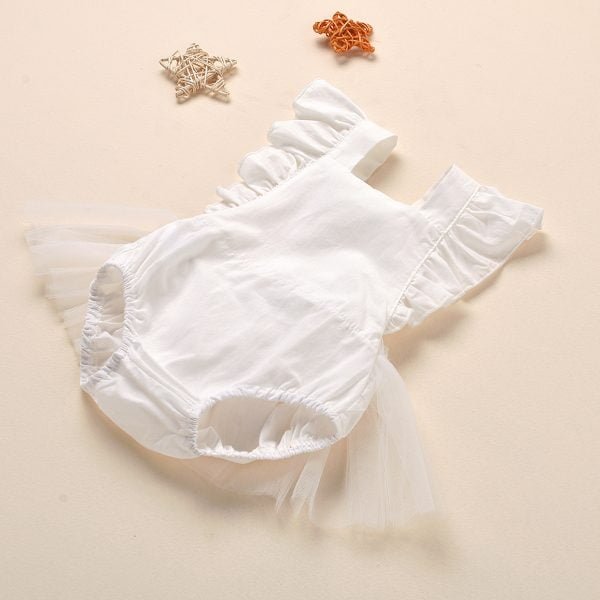Liuliukd| Solid Fly Sleeve Romper with Yarn Around, White, Baby