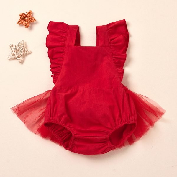 Liuliukd| Solid Fly Sleeve Romper with Yarn Around, Red, Baby