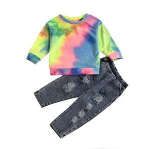 Liuliukd| Tie-dye Girl Long Sleeve Top+ Ripped Jeans, Colorful, Kids