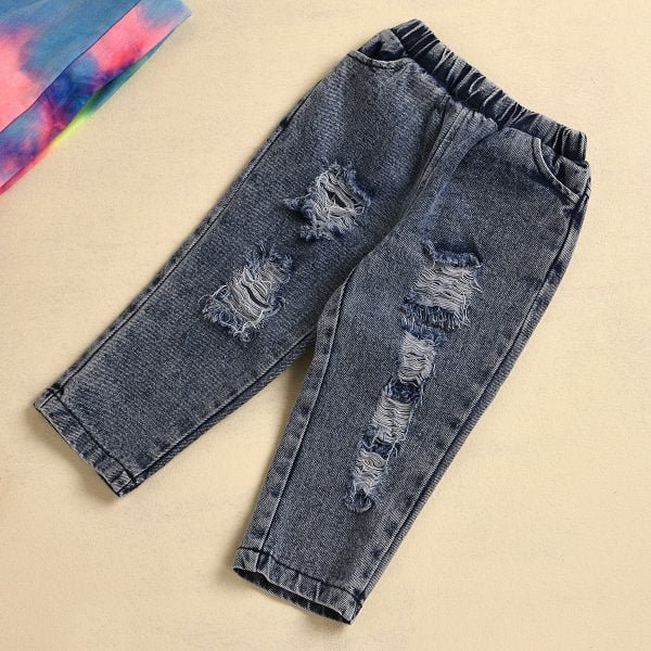 Liuliukd| Tie-dye Girl Long Sleeve Top+ Ripped Jeans, Jeans