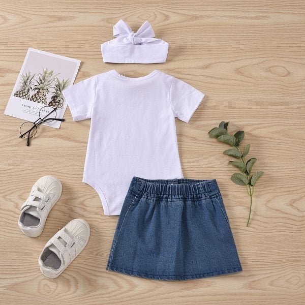 Liuliukd| Solid Long Sleeve Romper + Denim Skirt, White, Baby