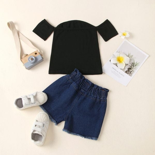 Liuliukd| Girl Black Off-the-shoulder Top+ Denim Shorts, Black, Kids