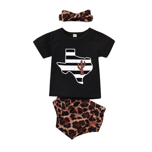 Liuliukd| Girl Black Shirt+ Leopard Print Shorts, Black, Baby