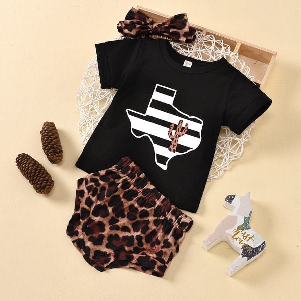 Liuliukd| Girl Black Shirt+ Leopard Print Shorts, Black, Baby