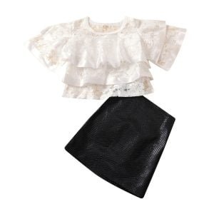 Liuliukd| Summer Girl Lace Shirt + PU A-line Skirt, Model Picture, White, Kids