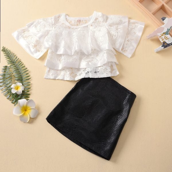 Liuliukd| Summer Girl Lace Shirt + PU A-line Skirt, Model Picture, White, Kids