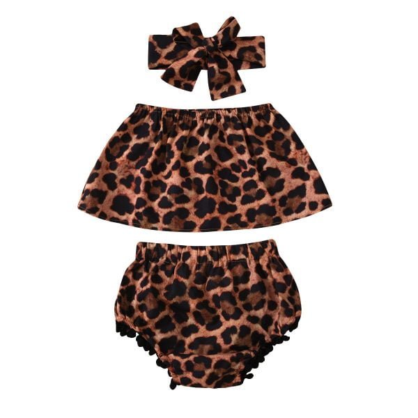 Liuliukd| Girl Leopard Print 3PCS Clothes Set, Brown, Baby