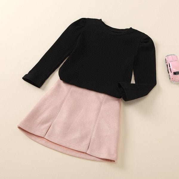 Liuliukd| Girl Black Long Sleeve Shirt + Suede Fabric Skirt, Black, Kids