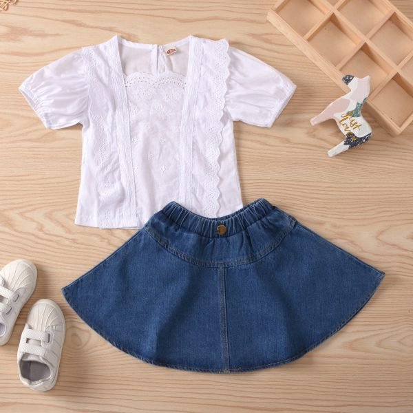 Liuliukd| Girl White Lace Shirt + Denim A-line Skirt, White, Kids