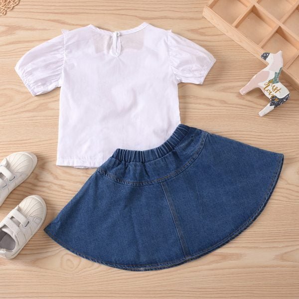 Liuliukd| Girl White Lace Shirt + Denim A-line Skirt, Back Side