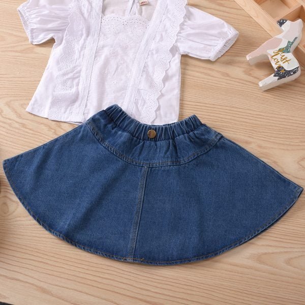 Liuliukd| Girl White Lace Shirt + Denim A-line Skirt, Details