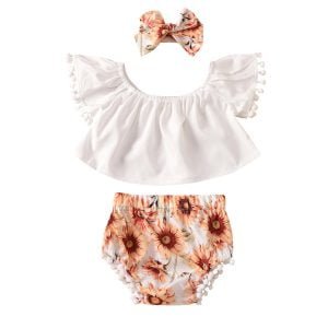 Liuliukd| Girl Sunflower Print 3PCS Clothes Set, White, Baby
