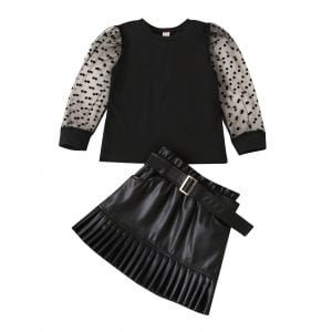 Liuliukd| Summer Girl Sexy Shirt + PU A-line Skirt, Black, Kids