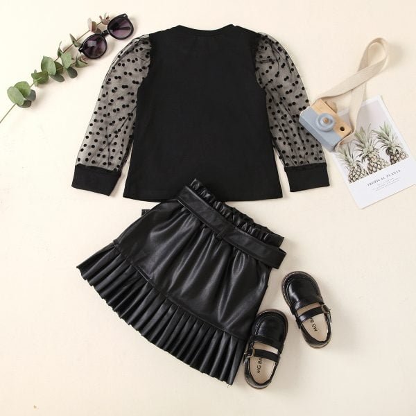 Liuliukd| Summer Girl Sexy Shirt + PU A-line Skirt, Black, Kids