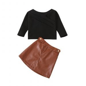 Liuliukd| Girl Solid Black Shirt + PU A-line Skirt, Black, Kids